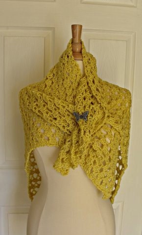 Crochet Gold Lacy Triangular Shawl Prom Wedding Spring Summer Fall Beach