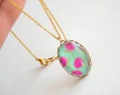 Turquoise flower cameo cabochon gold plated necklace
