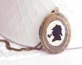 Hand Painted Miniature Sherlock Holmes Silhouette Locket Necklace with Original Watercolour Painting - Made to Order
