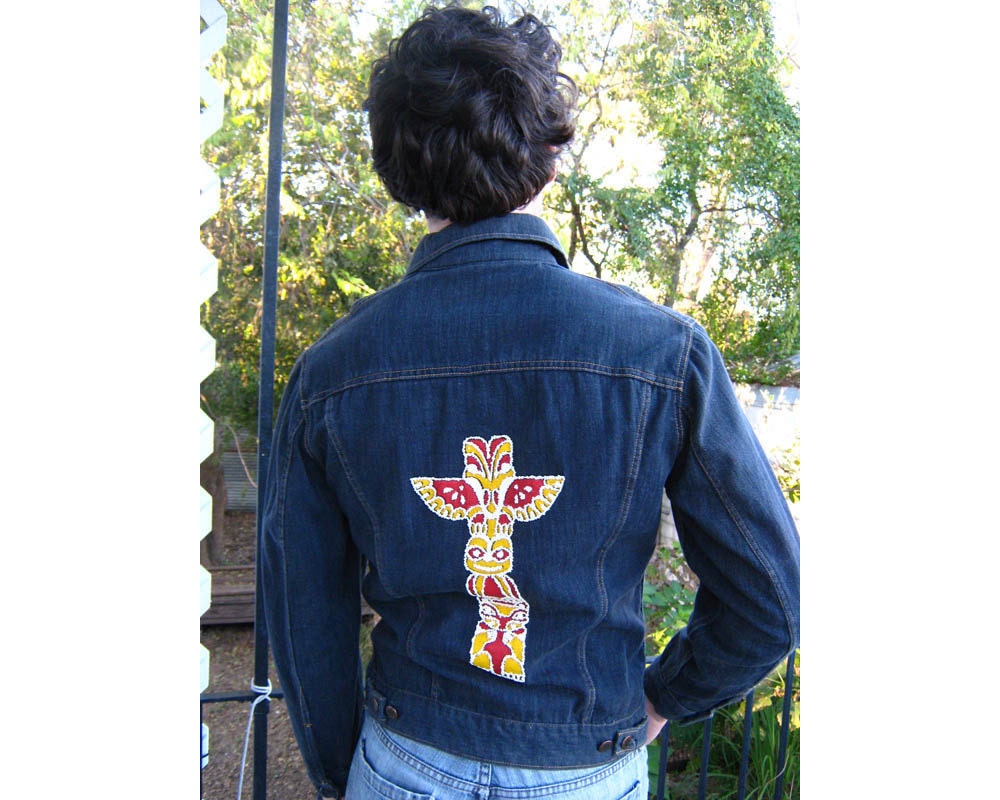 60s Black Denim Jacket Indian Totem Hand Painted Beaded unique vintage