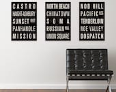 SAN FRANCISCO Subway Sign Prints. Bus Scrolls (Collection of 3) - 12 x 18