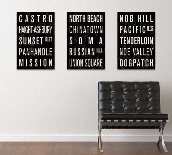 SAN FRANCISCO Subway Sign Prints. Bus Scrolls (Collection of 3) - 12 x 18