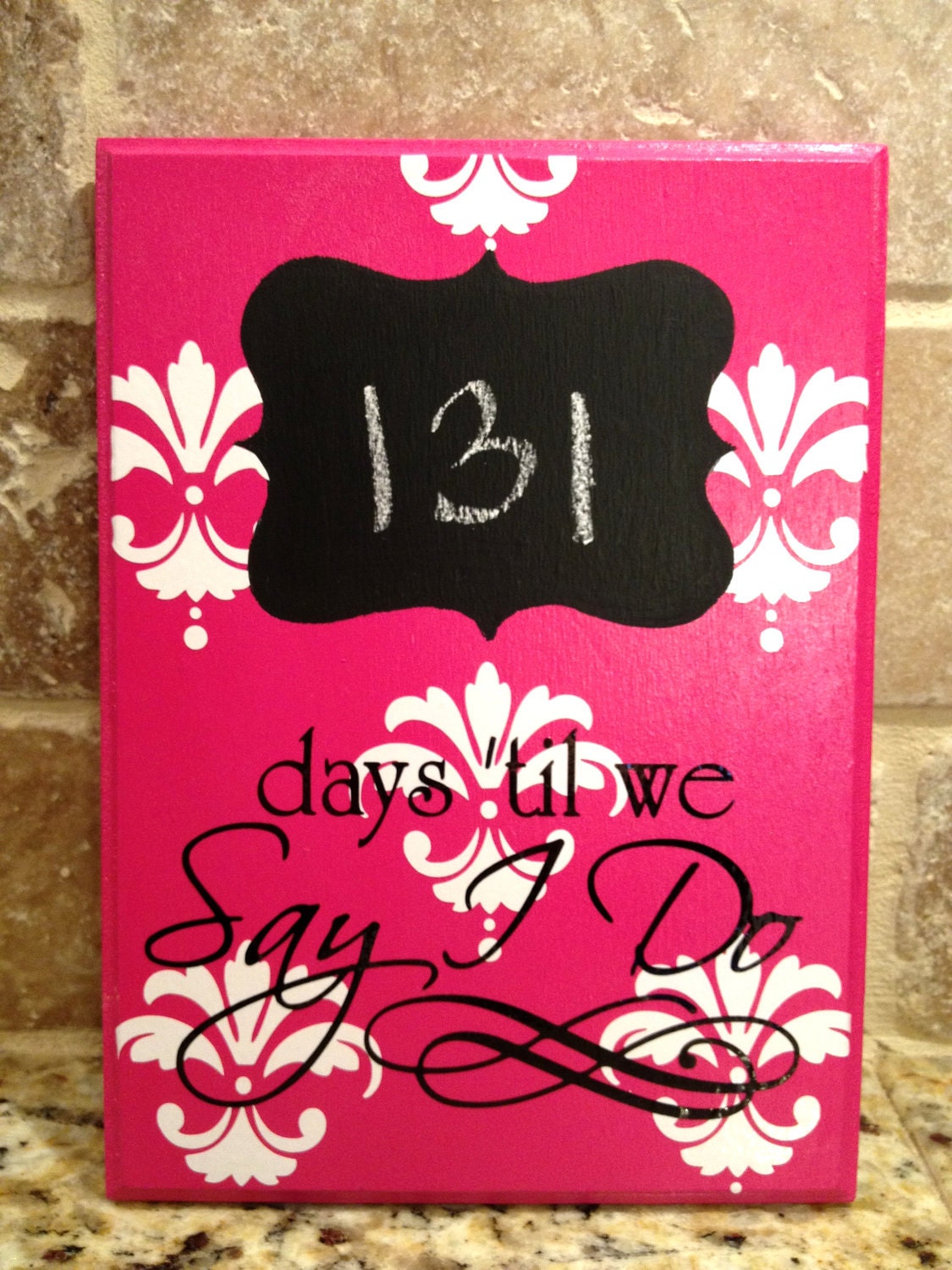 Pink Damask Wedding Chalkboard Countdown Calendar READY TO SHIP