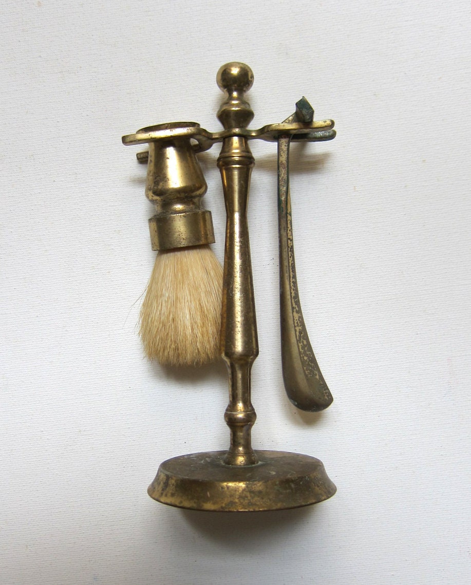 Vintage retro brass bathroom shaving set and stand