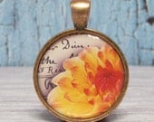 Flower On A Vintage Postcard - 1 inch Circle Pendant with Free Ball Chain or Keyring (1138)