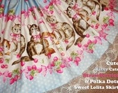 Cute Kitty Cat Strawberries & Polka Dots Blue Sweet Lolita Skirt - ANY SIZE