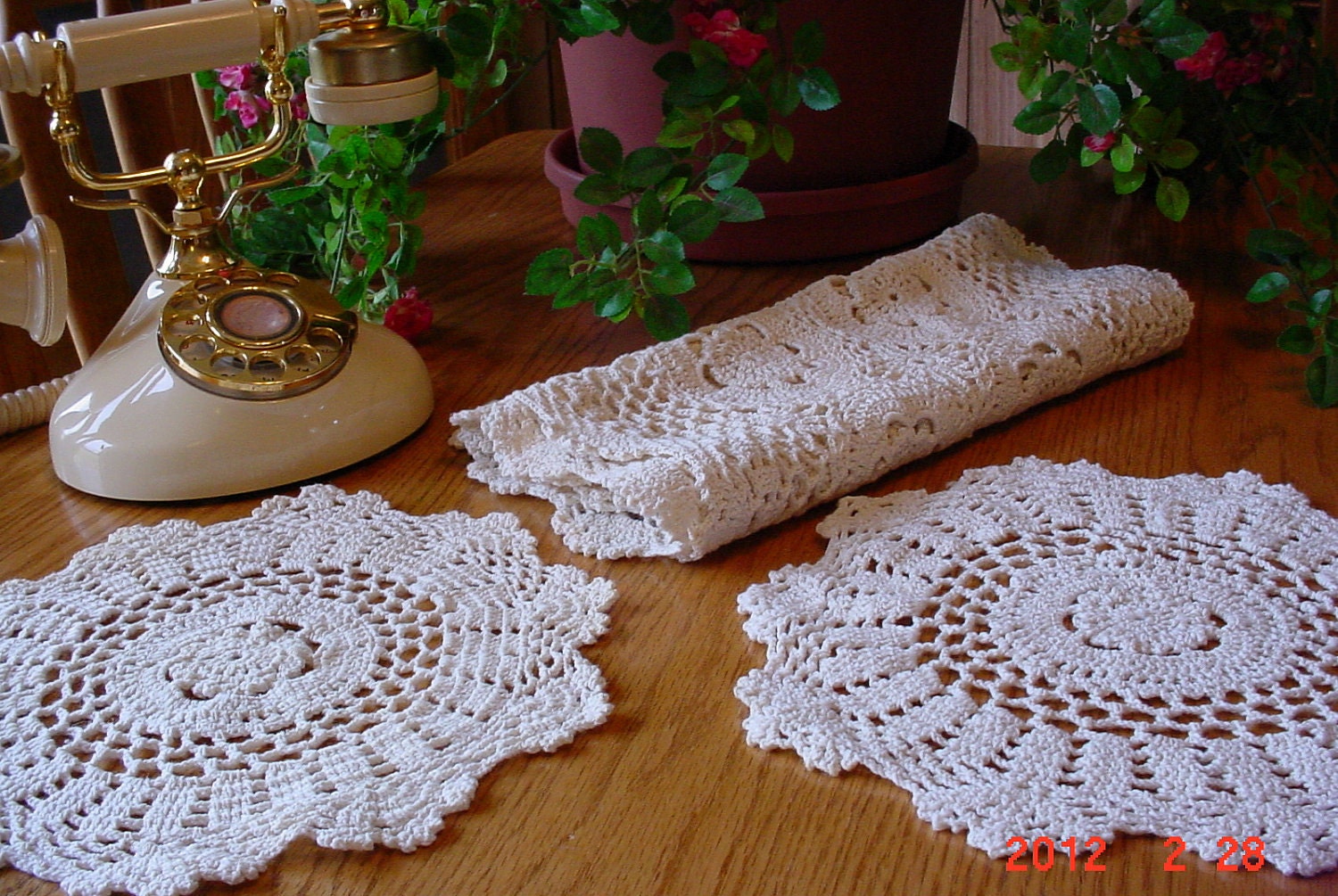 Vintage Crocheted Table Runner and Two Matching Doilies
