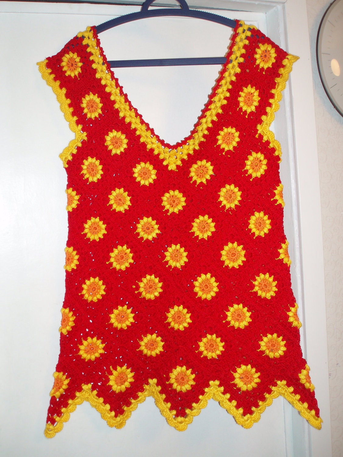 Handmade crochet hippie hot red cotton tunic dress with orange yellow flowers