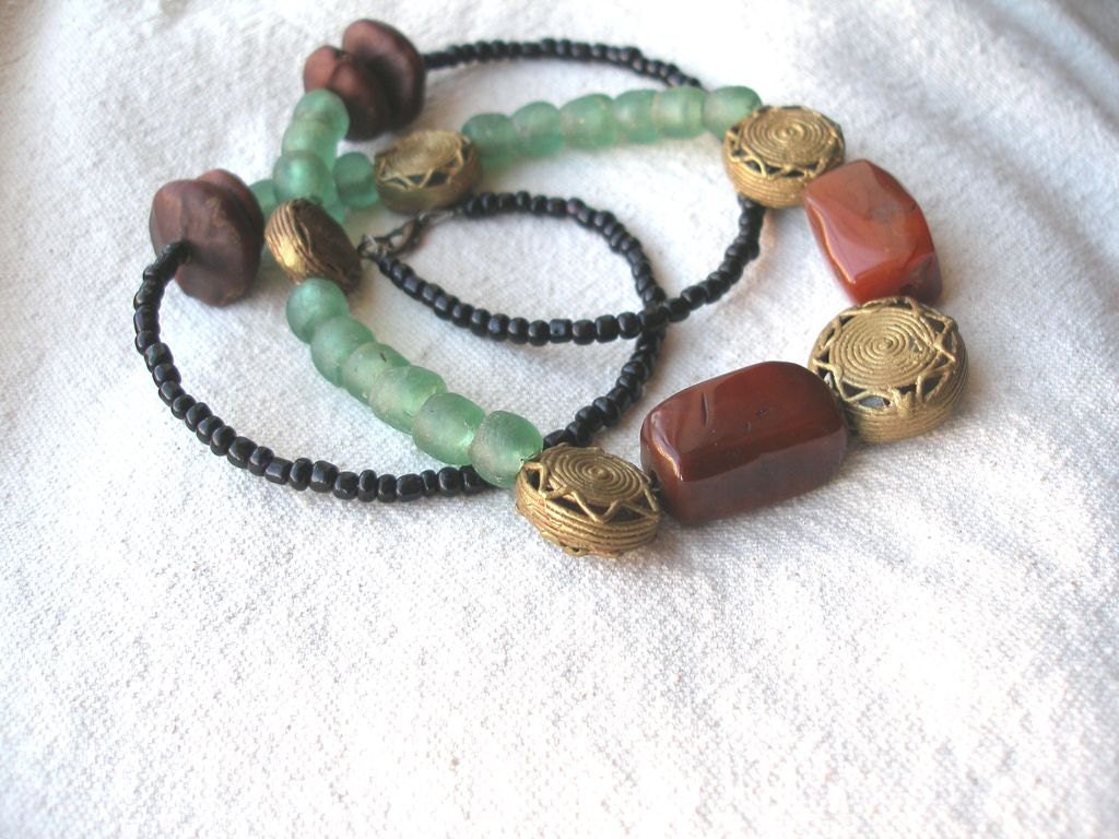 African  Gemstone Carnelian Agate Brass recycled glass seed Sunshine Necklace by Fianaturals on Etsy