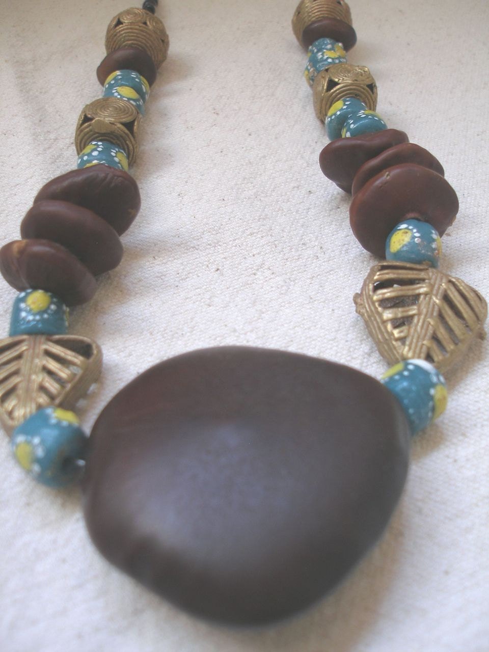 African Brass Krobo glass Palm  and Fern Leaves Necklace by Fianaturals on Etsy