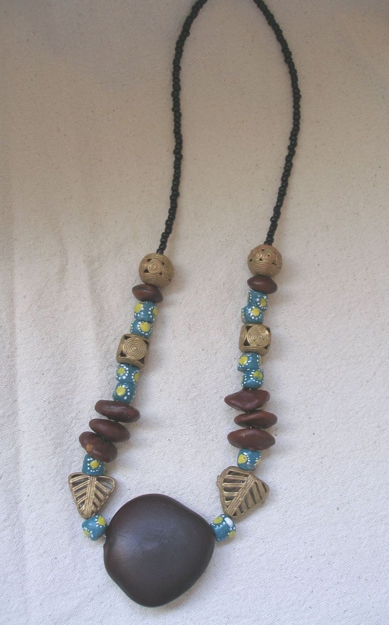 African Brass Krobo glass Palm  and Fern Leaves Necklace by Fianaturals on Etsy