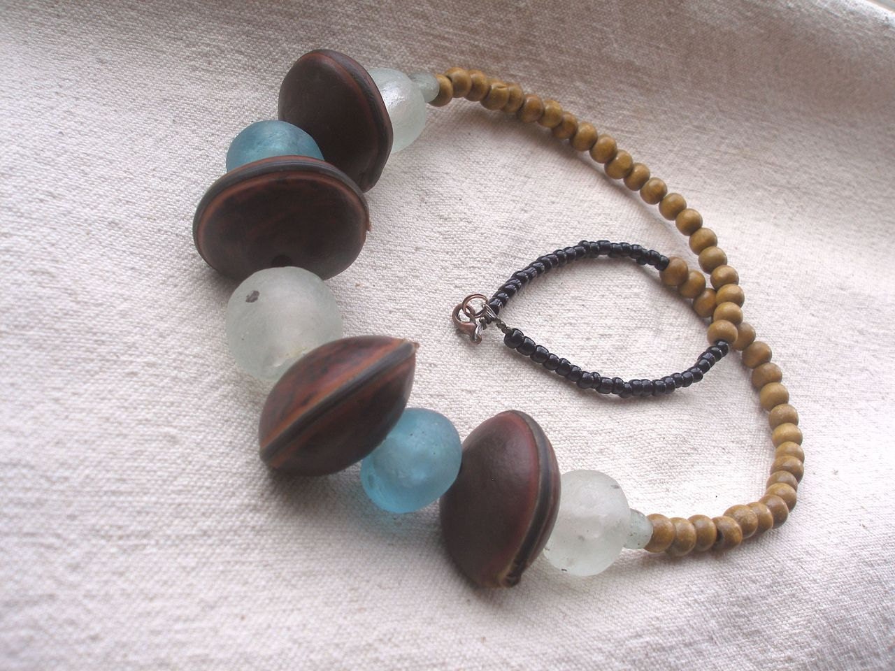 African Blue and  white clear recycled glass Mucuna seed  wood necklace by Fianaturals