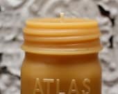 Beeswax Candle - antique bottle shaped - "ATLAS MASON JAR - half pint" - by Pollen Arts - Md.