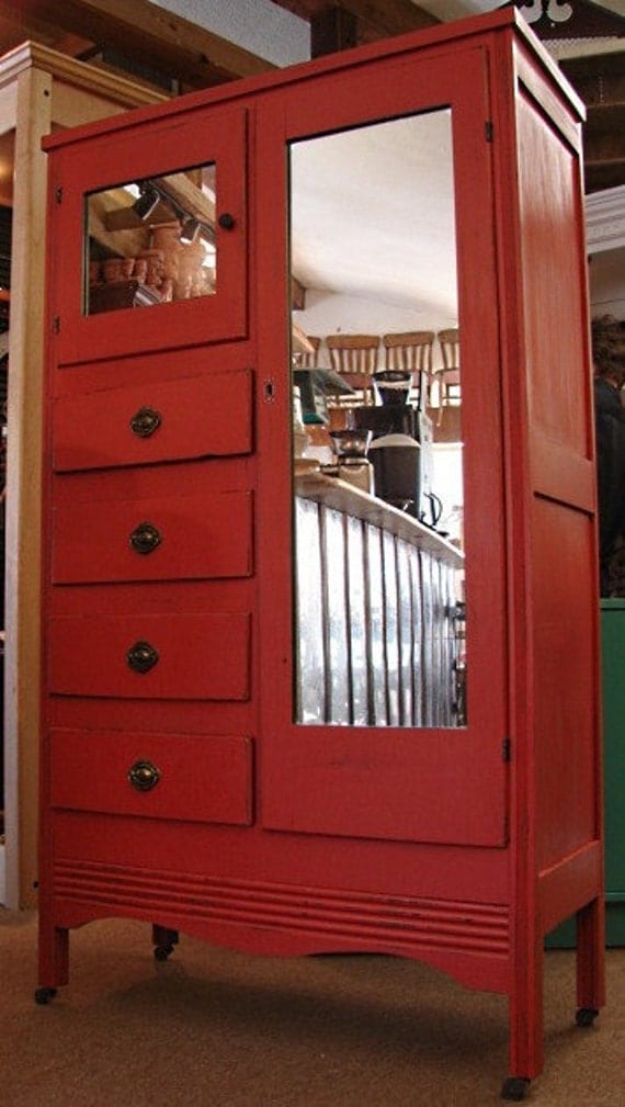 Vintage Distressed Red Painted Country Chest of Drawers Wardrobe Armoire