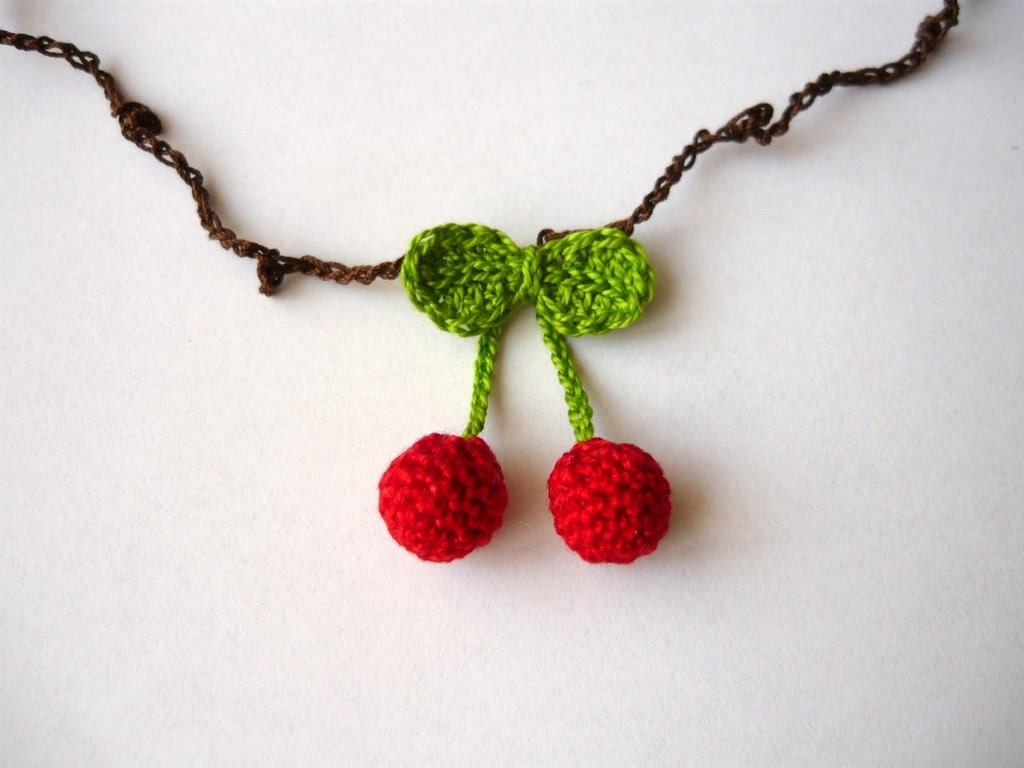 Cherry necklace - fine crochet red fruit with green leaves, brown chain and butterfly bead closure