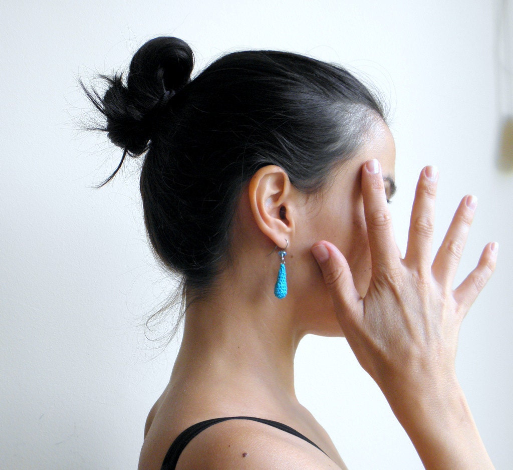 Turquoise drop earrings - crochet cotton and czech glass bead - streling silver french hook - eco friendly