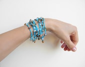 Turquoise sea necklace / lariat / wrap / bracelet  - semi preciouse jasper stone & glass beads - crochet chain jewelry  eco fashion