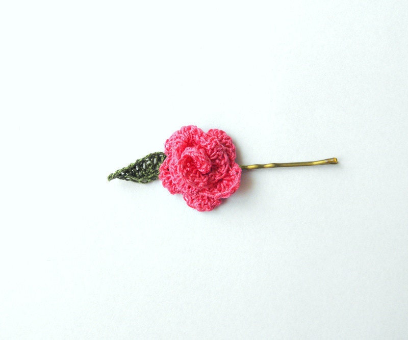 Hair pin spring summer flower and leaf pink rose crochet - SunnyGarden