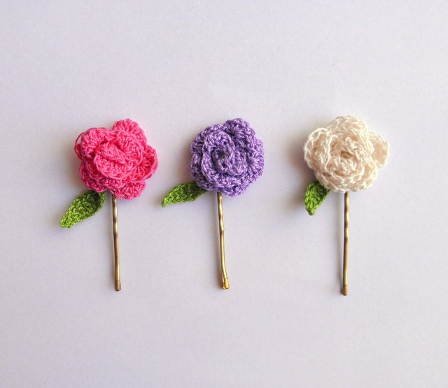 Set of 3 Hair pins spring summer flower and leaf off white pink fuchsia lila violet amethyst crochet  eco fashion