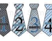 Monthly Onesie TIE Stickers - William - Nice Blue and Black Plaid Patterns -Different Pattern Each Month -13 Stickers(Just Born Included)