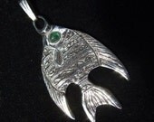 Carved fish silver pendant - genuine emerald fish pendant
