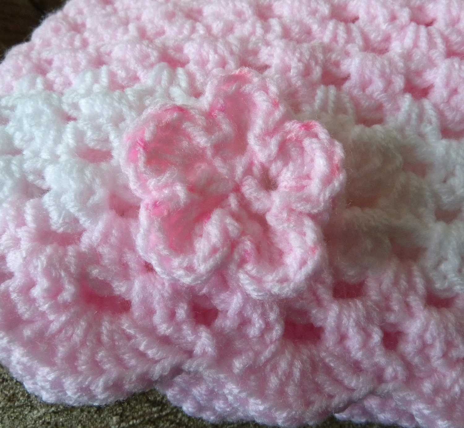 Crochet Baby Blanket in Pink with White Flowery Trim