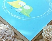bird nursery decor. yellow, green, and blue parakeets. 8x8 wood mounted art print for children or baby