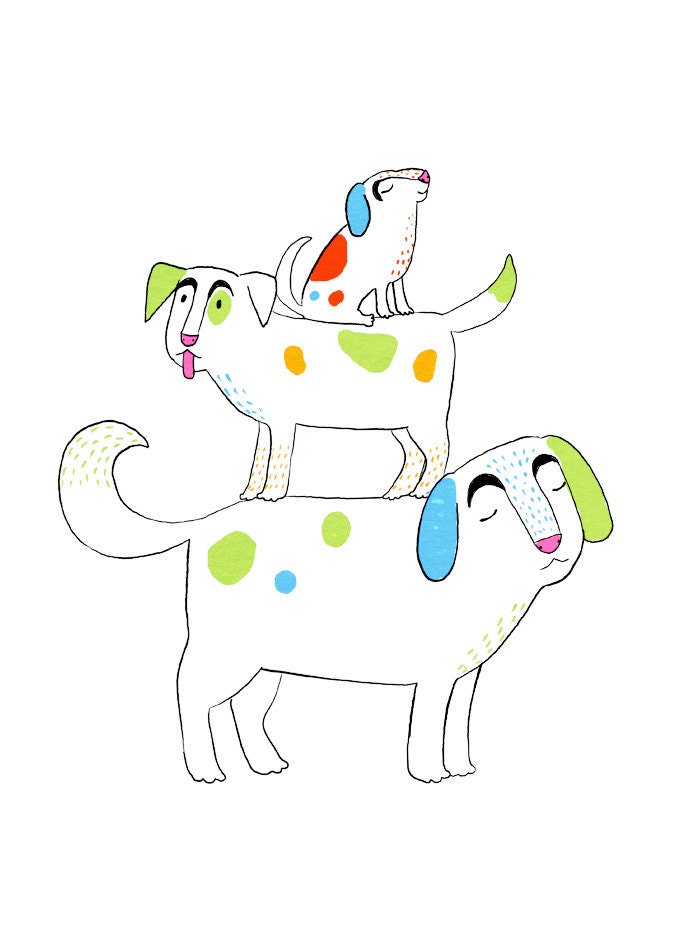 dog nursery art - stack of three dogs - simple, colorful print in black & white, green, blue, orange, red - for baby, children. 8.5x11