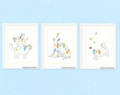 dog nursery art set - simple black and white doggies with green, blue, red, orange - three 8.5 x 11 prints for baby, children, kids room