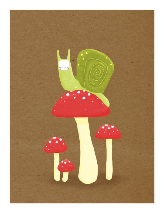 snail and mushrooms. brown, green, red - 8.5 x 11 art print (MORE COLORS AVAILABLE)