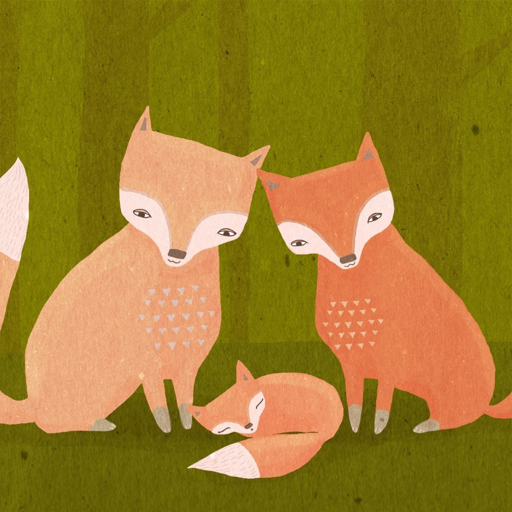nursery art print. fox family. woodland forest friends in orange and green - LARGE 11 x 14 art print for baby, children, kids room