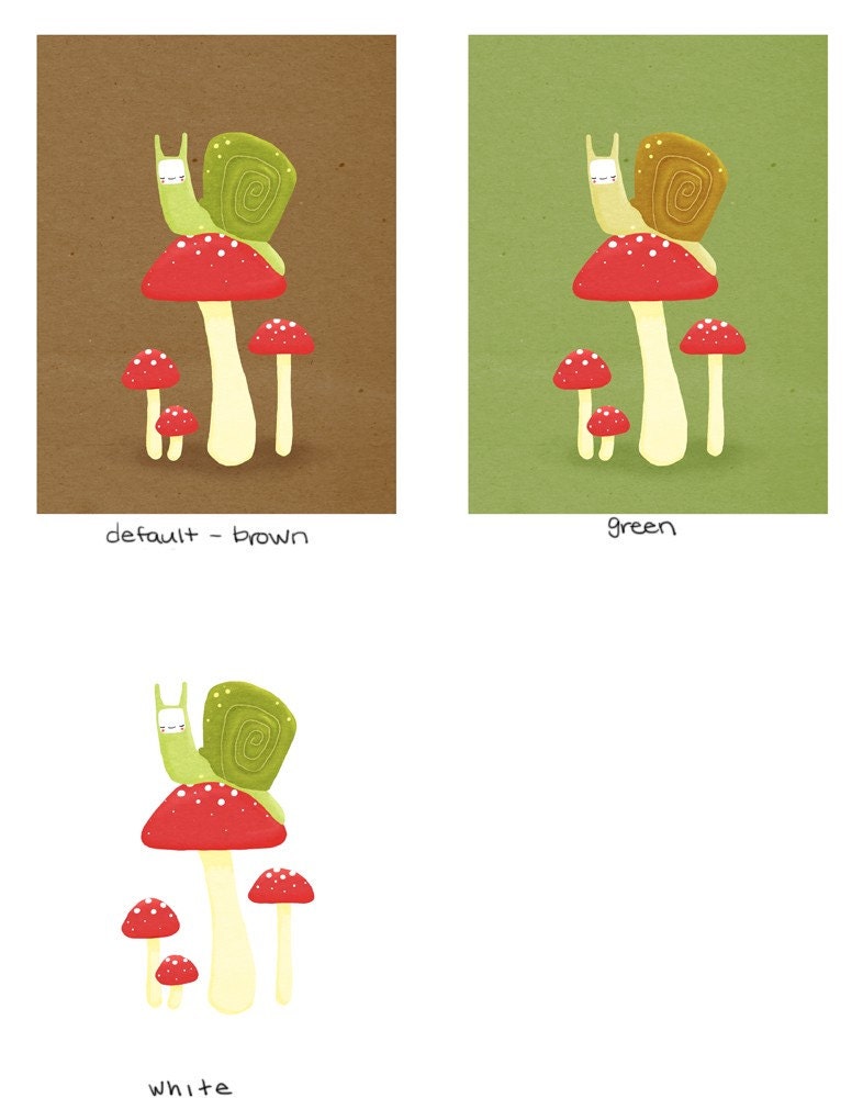 snail and mushrooms nursery art. brown, green, red - LARGE 11 x 14 art print for baby, kids, children (MORE COLORS)
