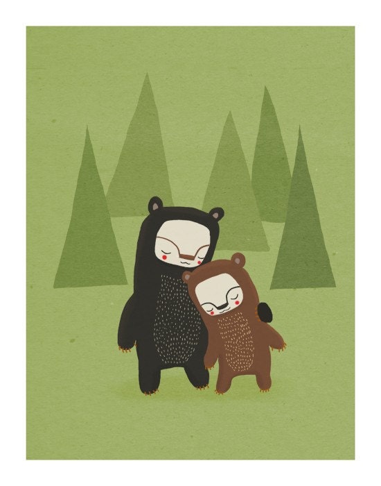 bear nursery art. forest friends in green, brown and black - LARGE 11 x 14 art print for baby, children, kids room