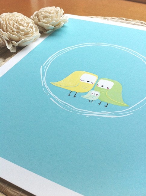 bird family nursery art. parakeets in green, yellow, blue - 8.5 x 11 art print for children, baby, kids room (MORE COLORS AVAILABLE)