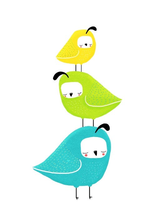 quail stack. three little birds. blue, green, yellow - 8.5 x 11 art print (MORE COLORS available)