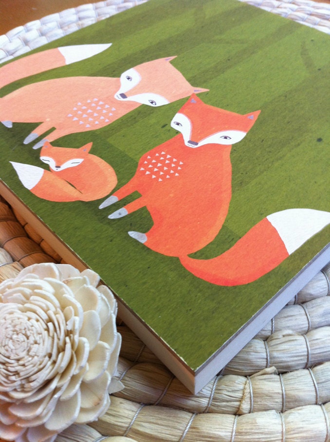 fox family nursery decor. woodland creatures in green and orange - 8x8 wood board mounted art print for children, baby, kids room
