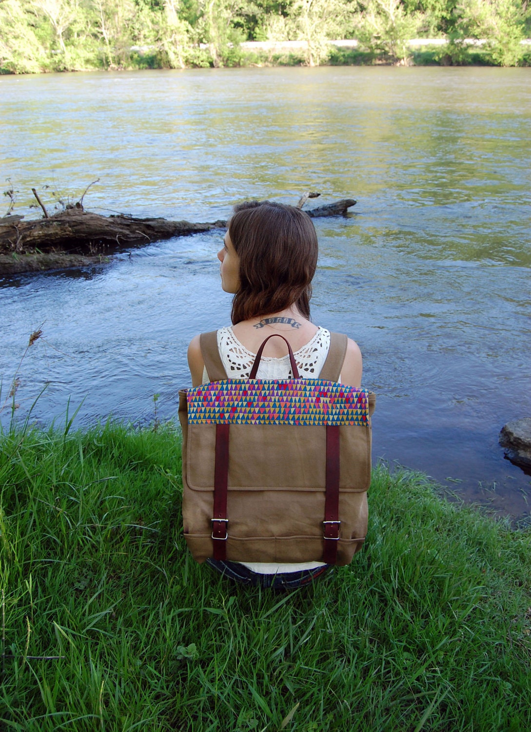 The Rolston Bag // Backpack in Stone Brushed Cotton Twill with Bright Geometric Cotton Print and Leather