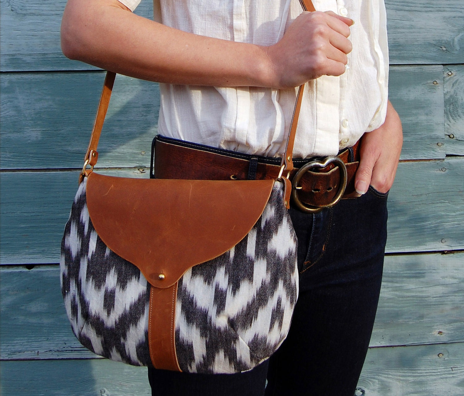 The Taplin Purse // Black and White Ikat and Duck Cloth with Cognac-colored Leather Closure and Strap