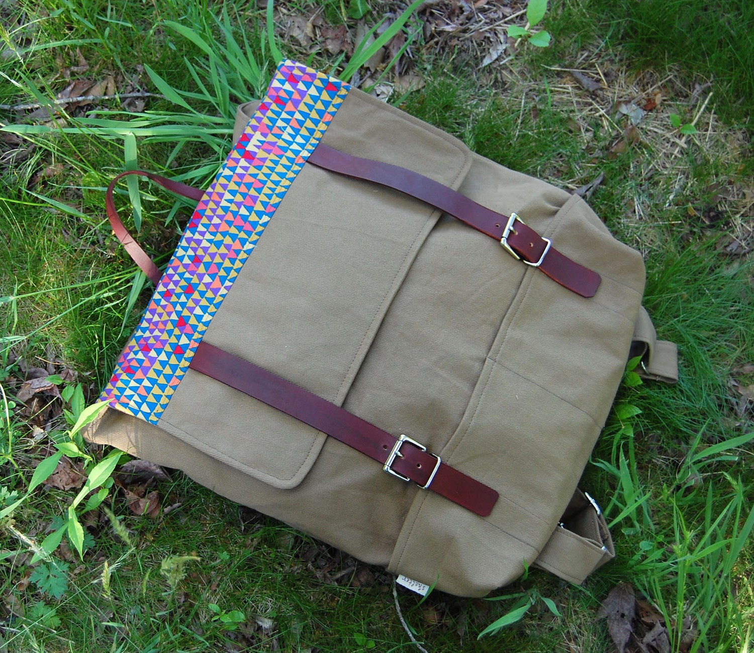 The Rolston Bag // Backpack in Stone Brushed Cotton Twill with Bright Geometric Cotton Print and Leather