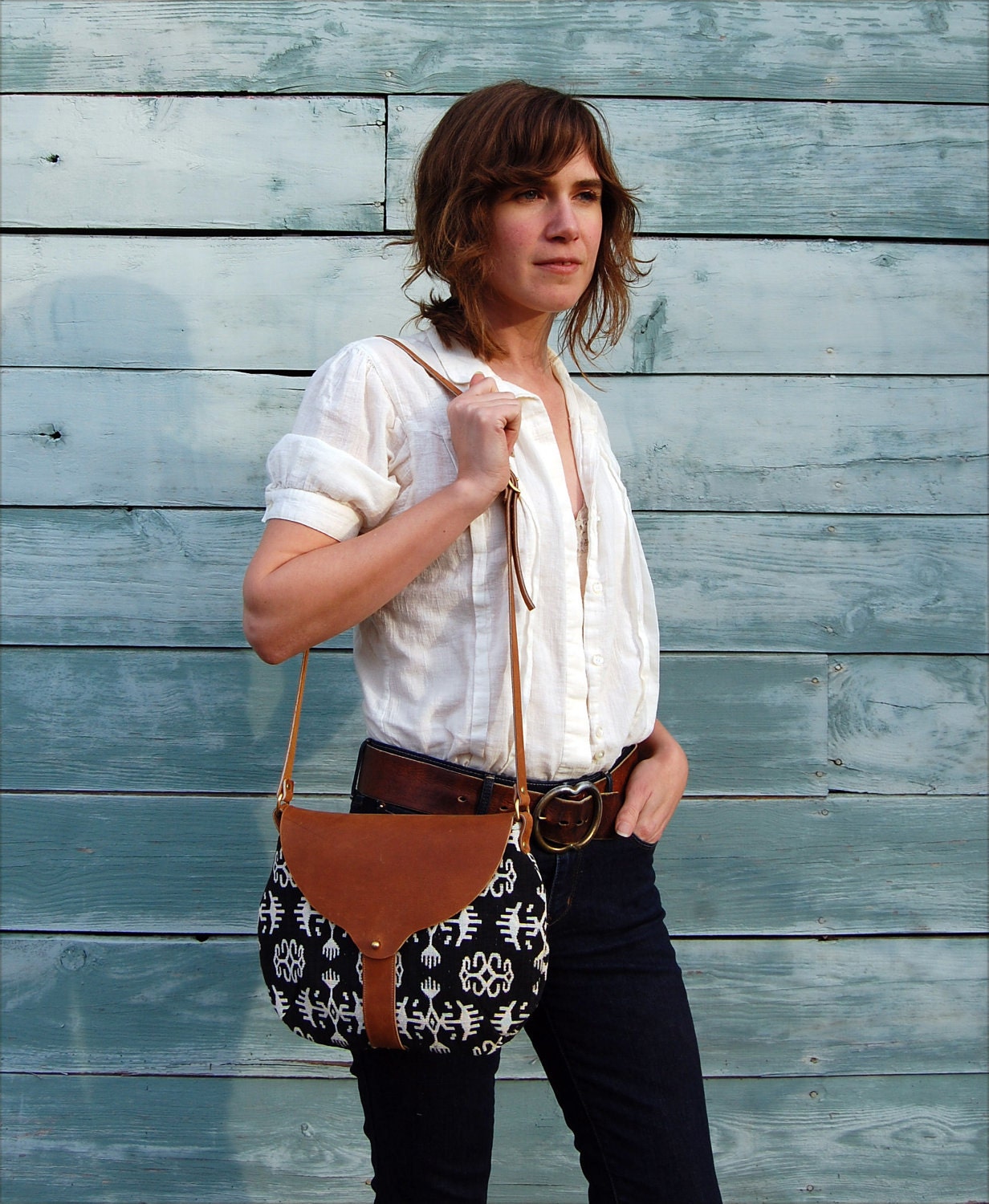 The Taplin Purse // Black and White Indian Geometric Tribal Woven Fabric with Cognac-colored Leather and Brass Closure
