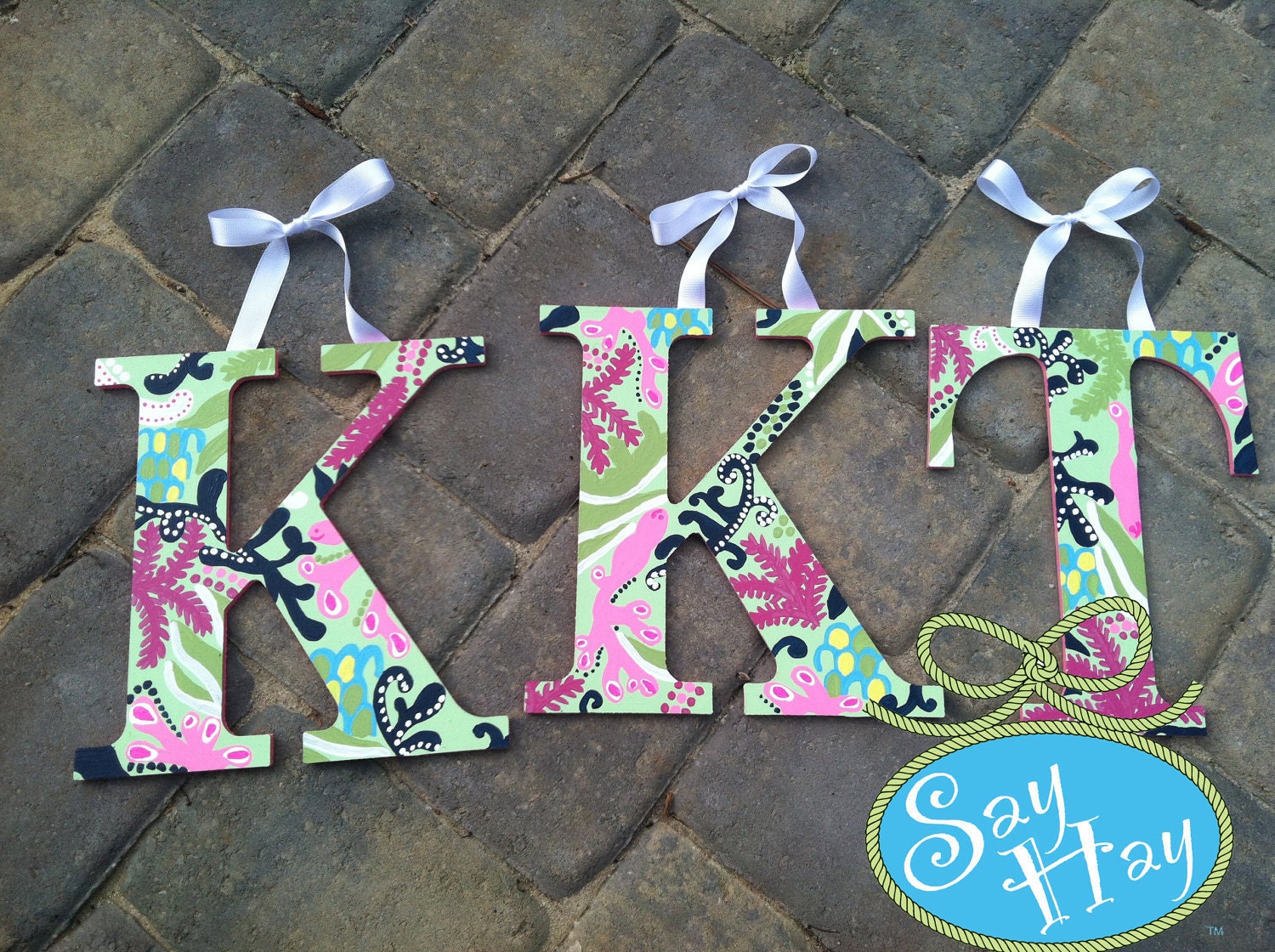 Personalized Hanging Wooden Letters Hand Painted in your choice of font and print