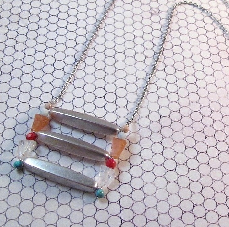 Aztec - Long Geometric Triangle Necklace, Silver Metal with Semi-Precious Stones