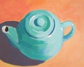 Turquoise Teapot - Original Still life Painting by Anne Carrozza. 6x6 inches - AnneCarrozzaFineArt