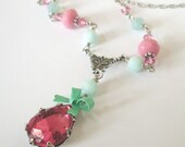 Pendant necklace - pink teardrop, mint bow, beaded chain. Crystal and glass. Mint green and pink. Vintage style jewelry, Spring jewelry.