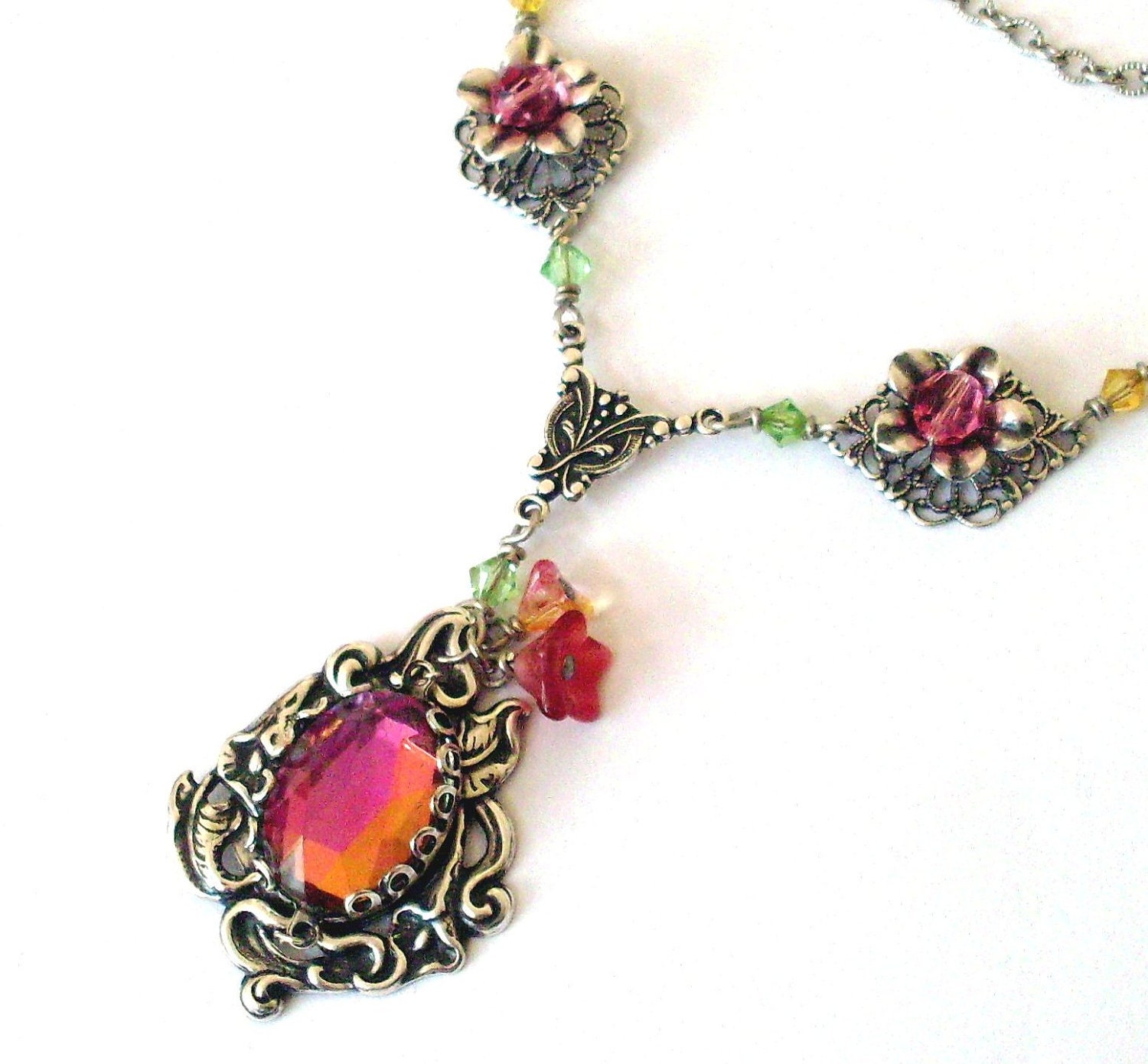 Glass filigree pendant necklace - rainbow glass jewel, antique silver, Swarovski crystals. Vintage style necklace. Filigree jewelry, Fall. - ArtfulTrinkets1