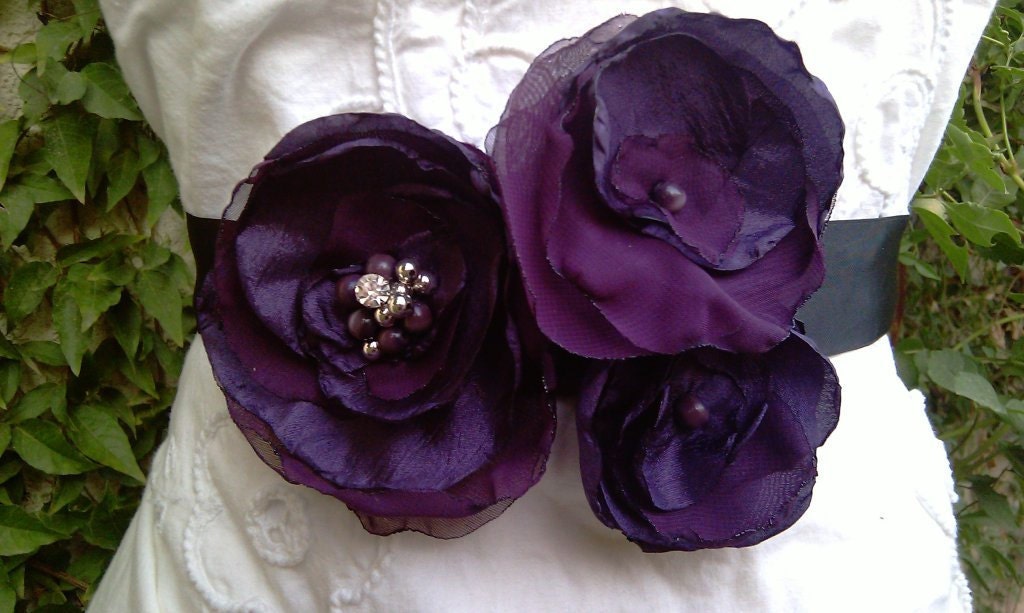 Daria - Bridal Sash in Aubergine Eggplant, Purple Bouquet Wedding Day Sash Belt...Bridesmaids, Flower girl sash belt...