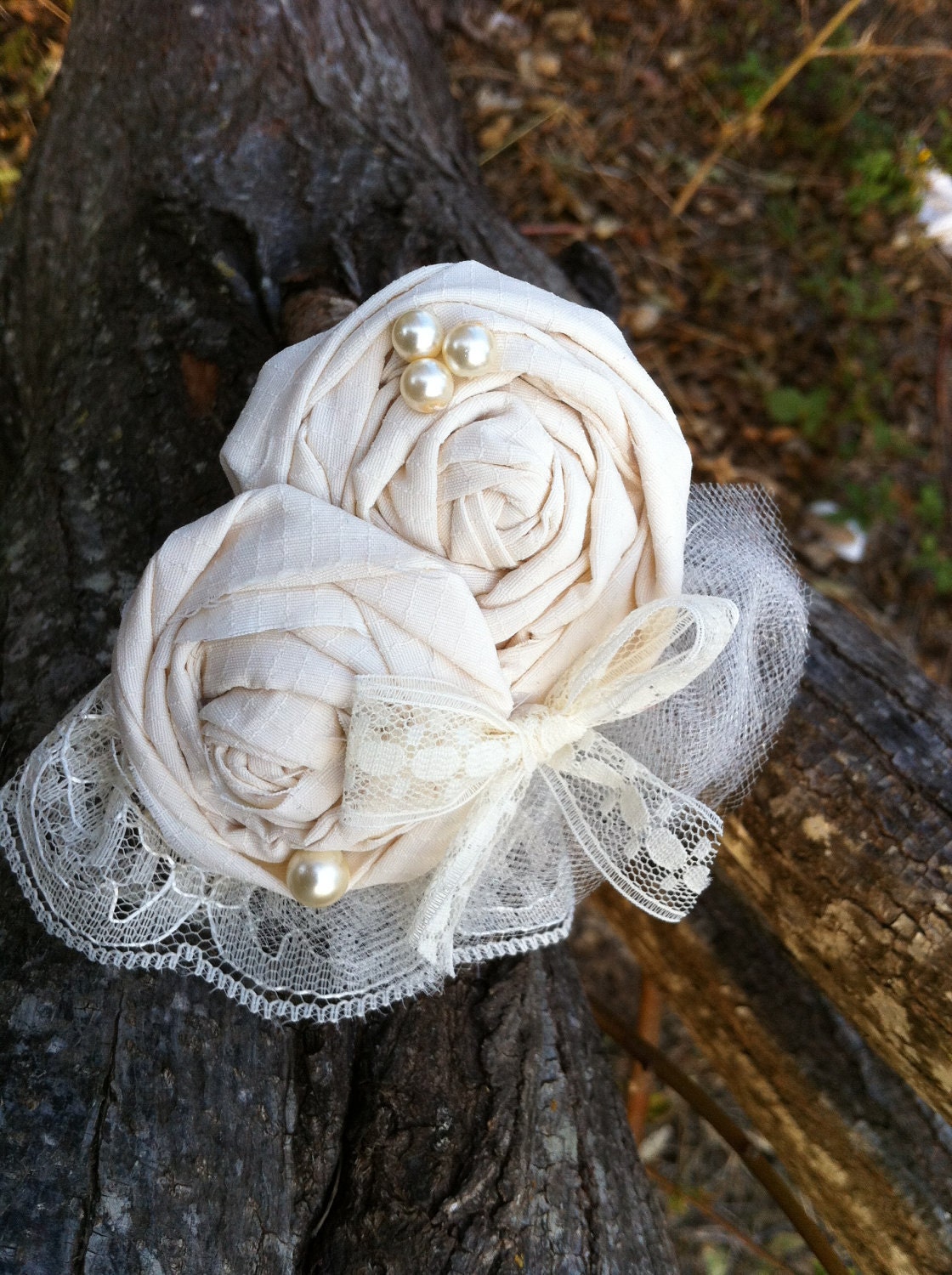 Mae - Shabby Chic Wedding Bridal Party Hair Clip or Brooch Rosette Pearl Details and Vintage Lace - Ivory cream rosettes....