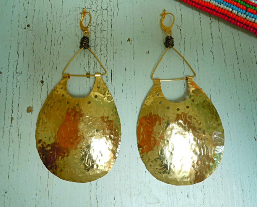 Hammered Brass Golden Prosperity  Shields ...earrings