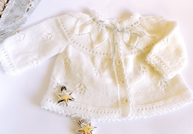 Hand knitted white baby vest with a beautiful plate of leaves, baby fashion, Christening /Baptism, READY TO SHIP