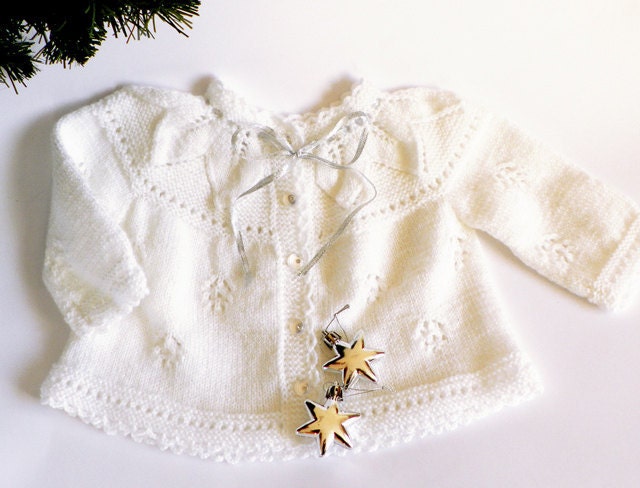 Hand knitted white baby vest with a beautiful plate of leaves, baby fashion, Christening /Baptism, READY TO SHIP